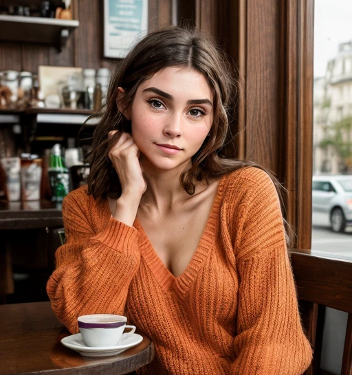 Laura wearing an orange sweater in a Paris cafe.